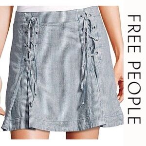 Free People Blue & Cream Railroad Stripe Lace Up High Waist Mini Skirt